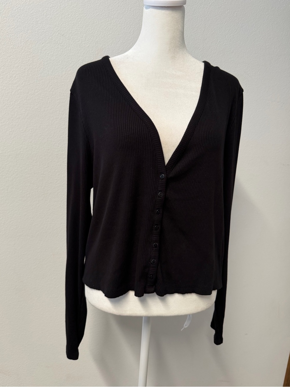 H&M Black Ribbed V-Neck Button Front Cardigan XL Y2K Minimalist Basic